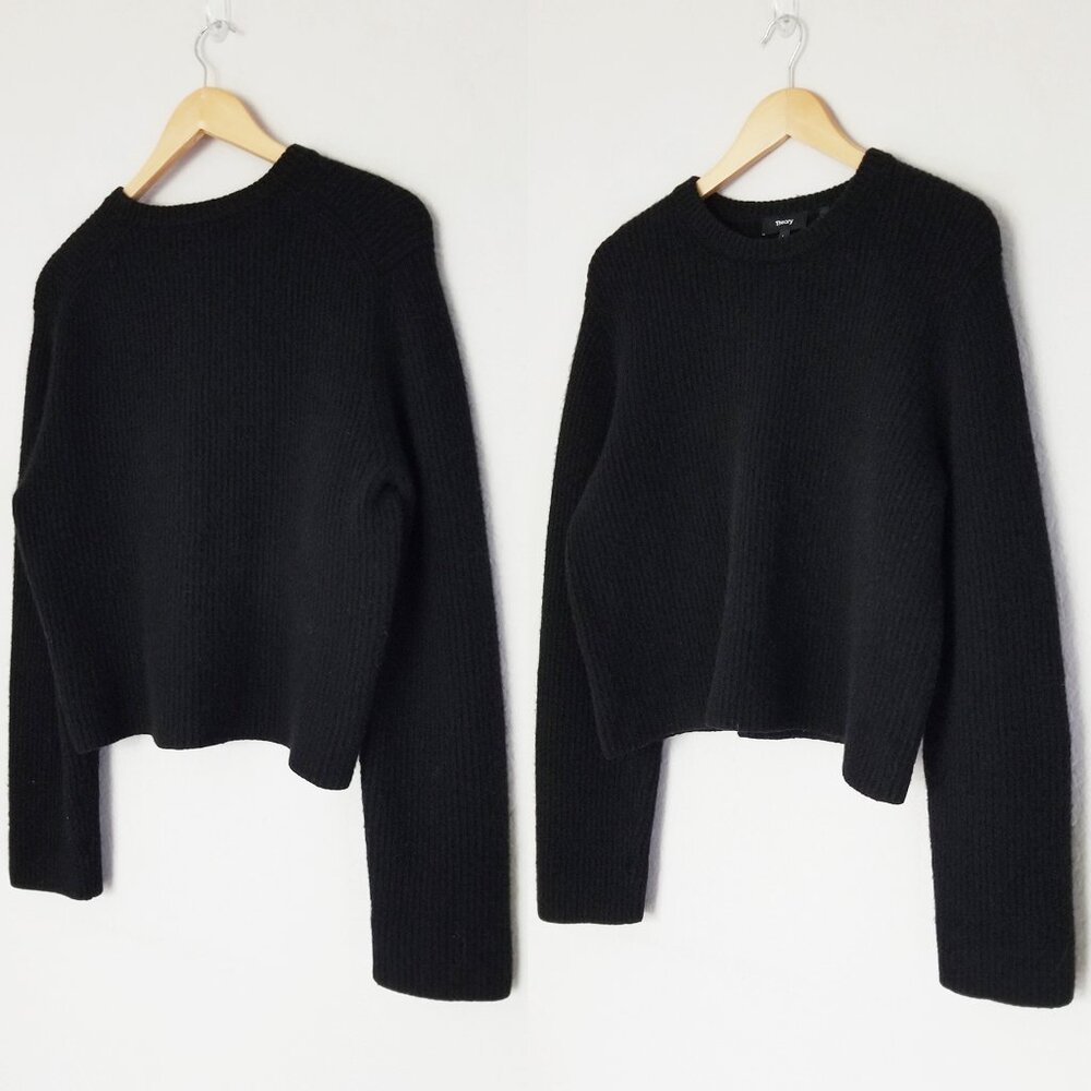 Theory Boxy Long Sleeves Felted Wool Cashmere Rib Sweater in Black Size L $425 - Picture 5 of 16